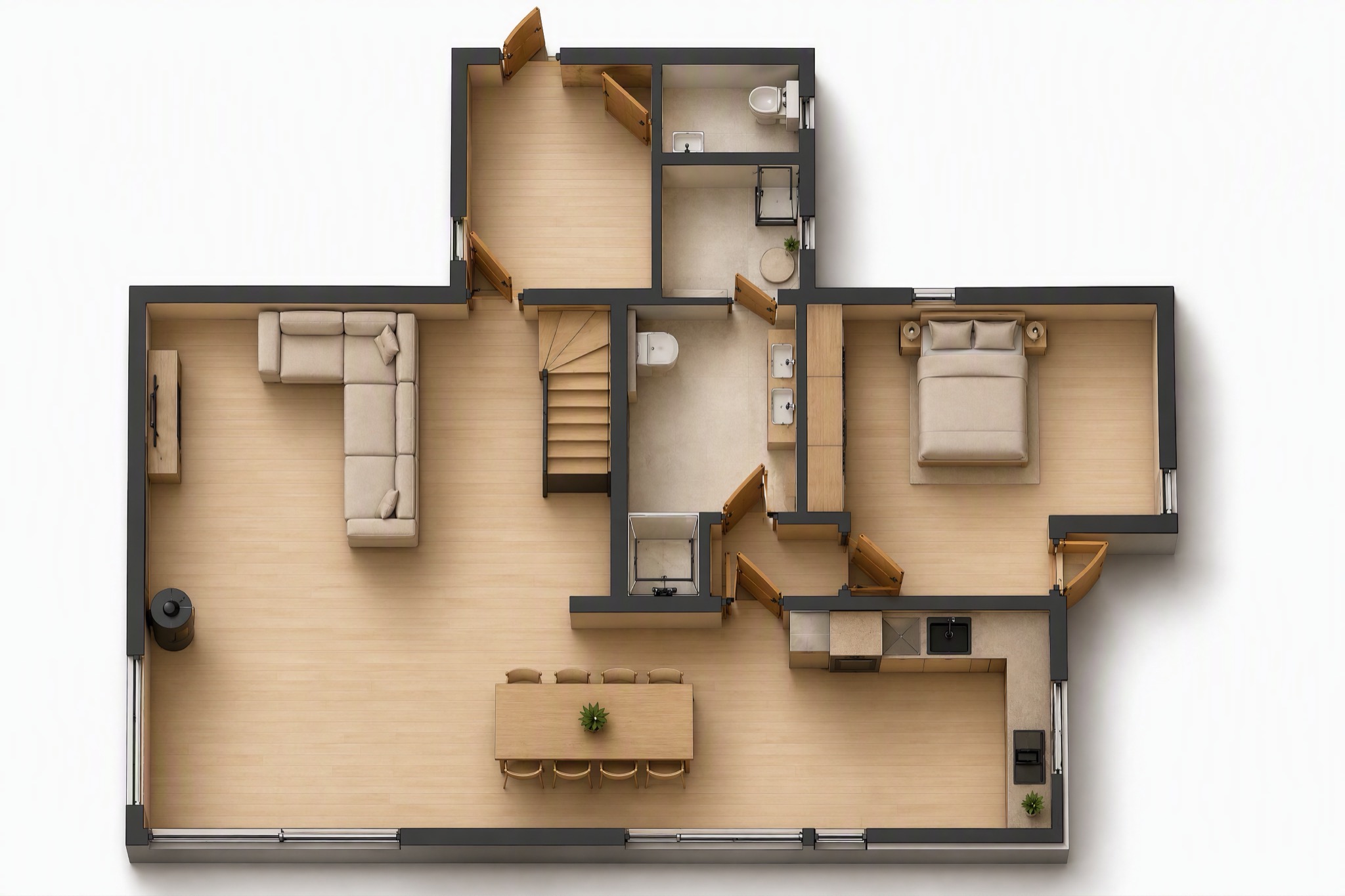 Plattegrond van de begane grond met woonkamer, keuken, slaapkamer en badkamer