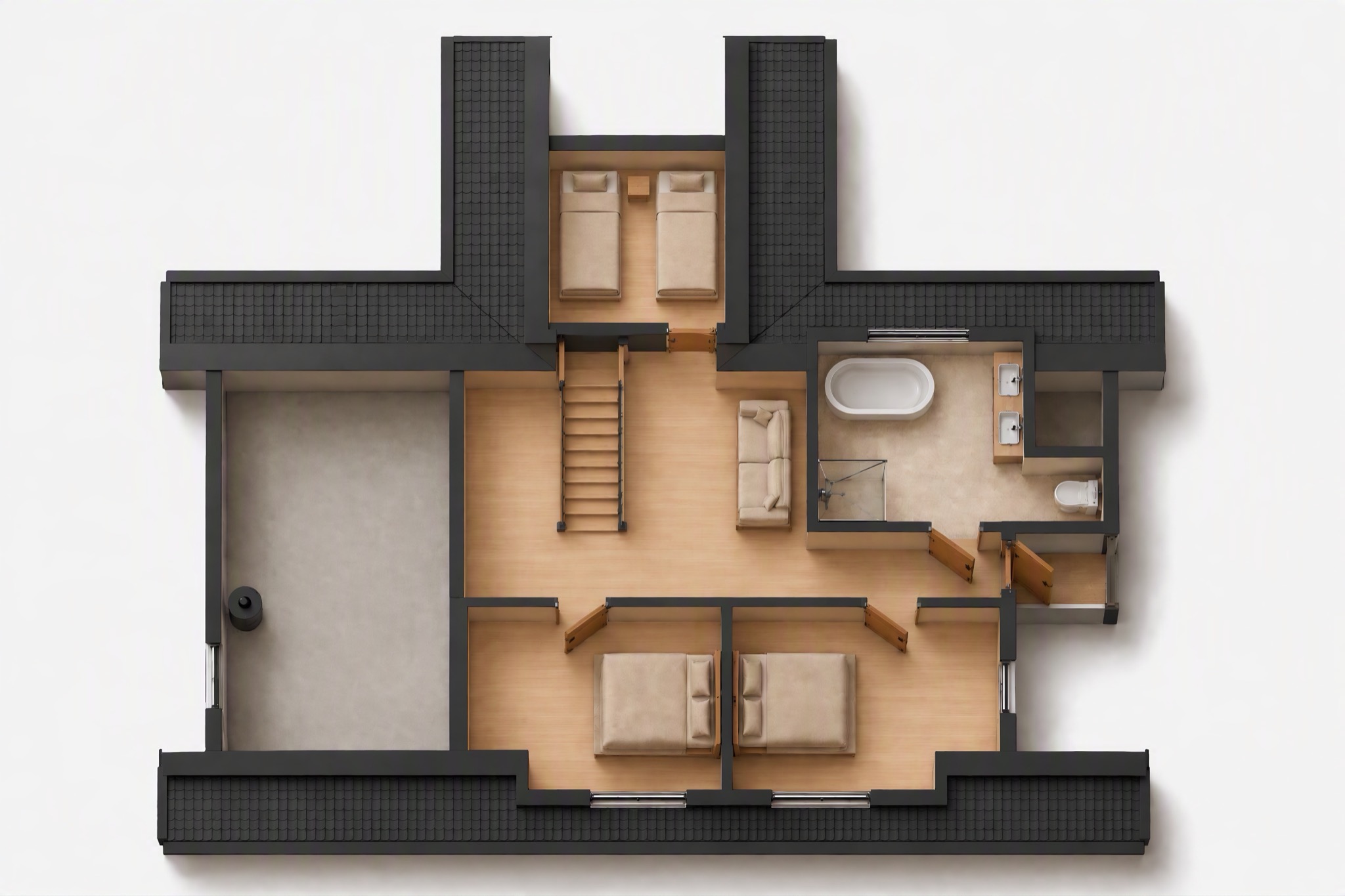 Plattegrond van de bovenverdieping met slaapkamers, badkamer en loungehoek